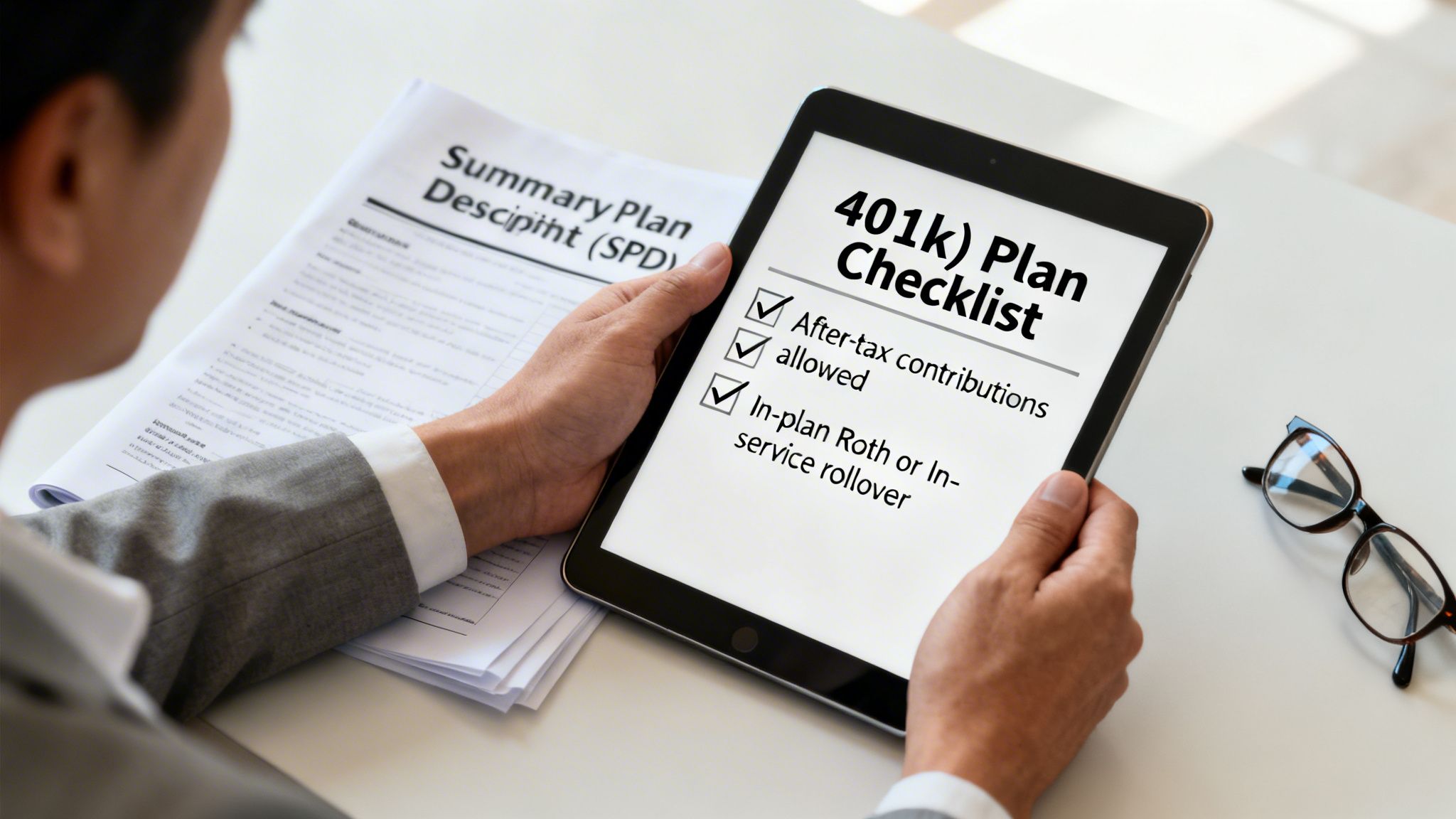 A person reviews a 401k plan checklist on a tablet next to an SPD document.