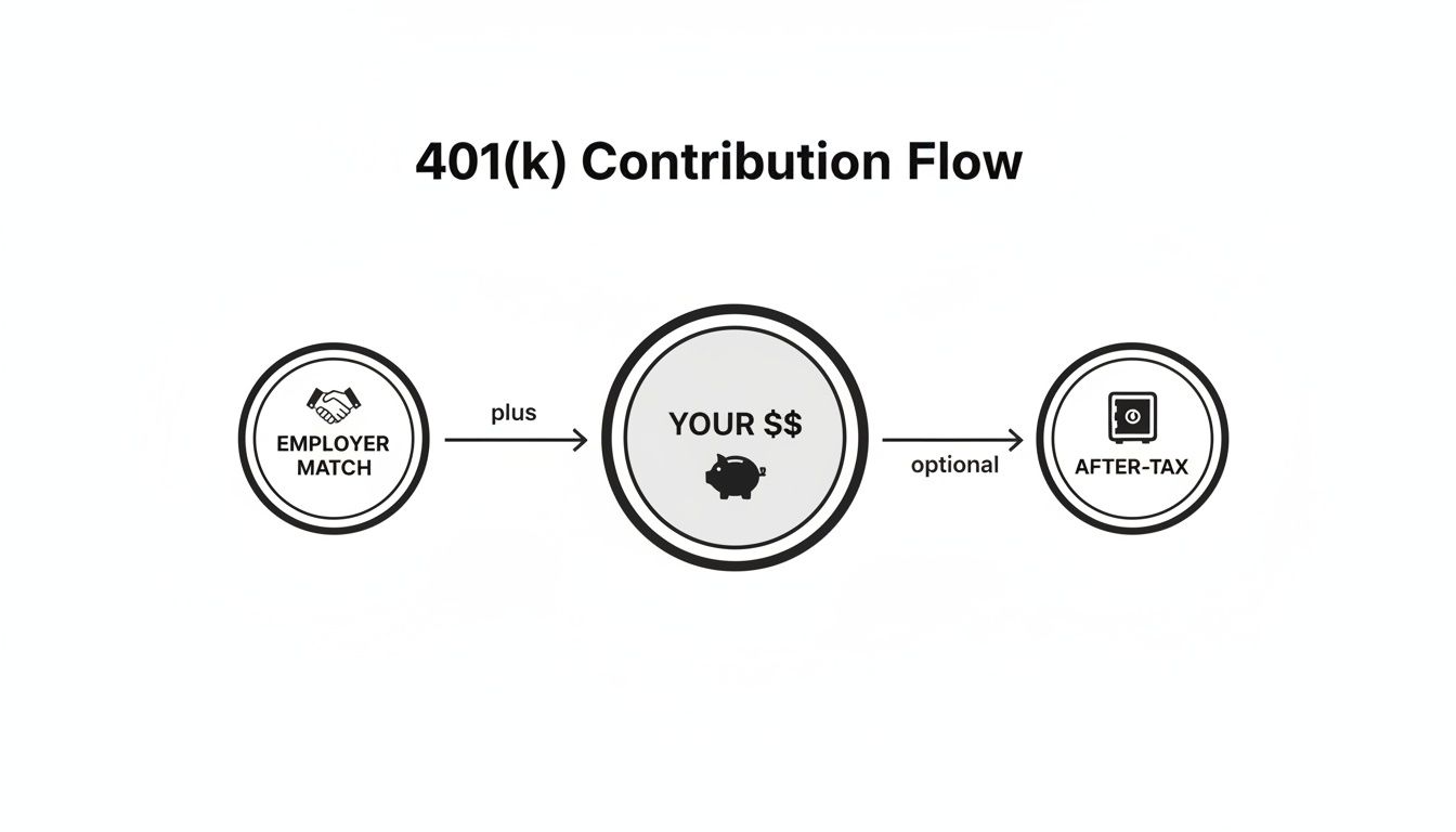 Flowchart illustrating 401(k) contribution process: employer match plus personal funds, with an optional after-tax component.