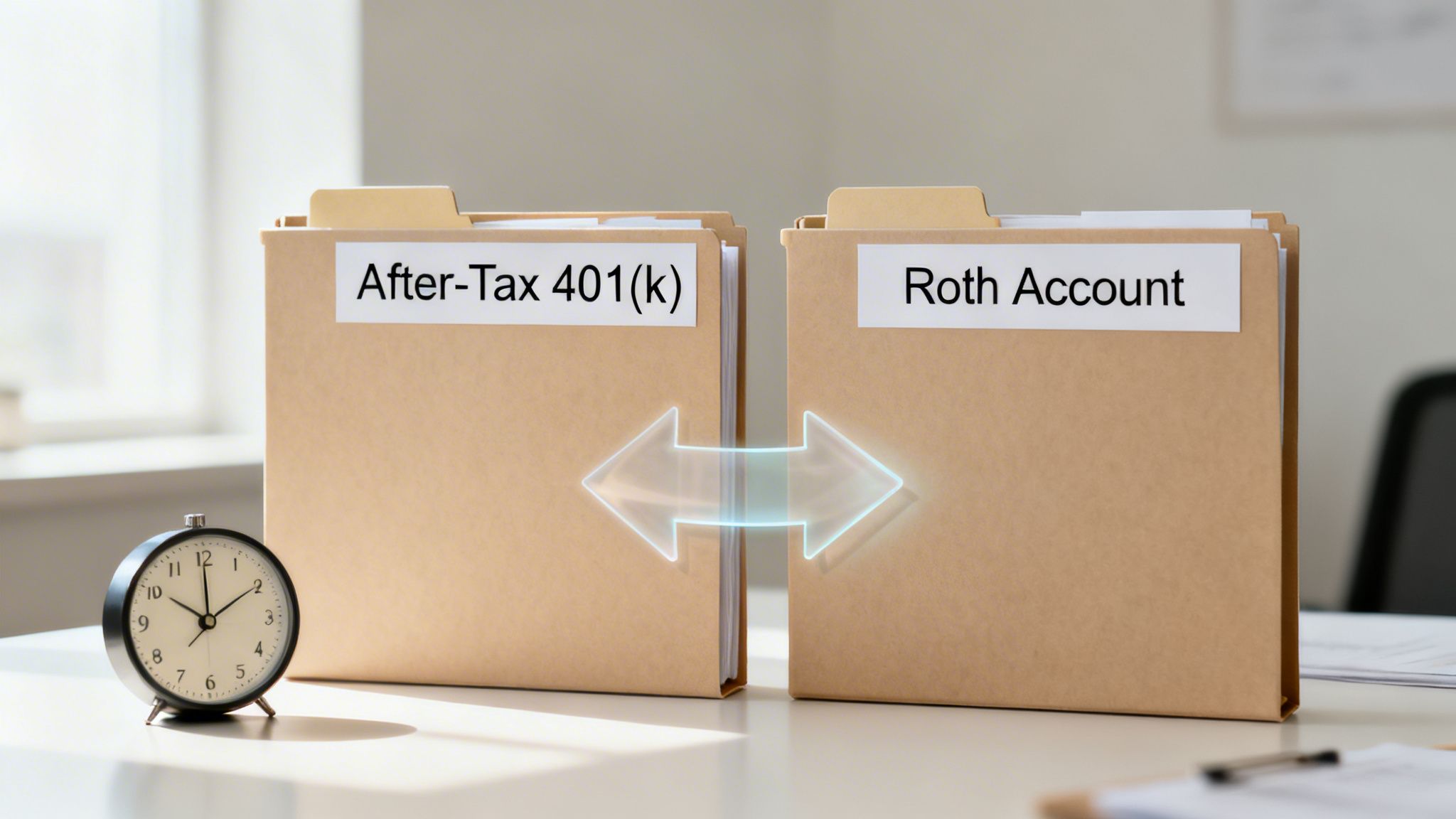 Two folders labeled 'After-Tax 401(k)' and 'Roth Account' with a glowing transfer arrow.