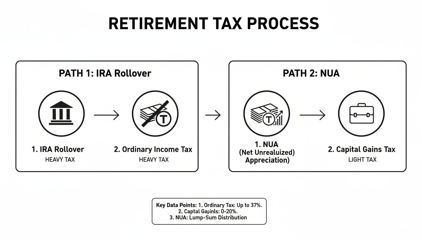 Diagram comparing two retirement tax paths: IRA Rollover with heavy tax and NUA with light tax.