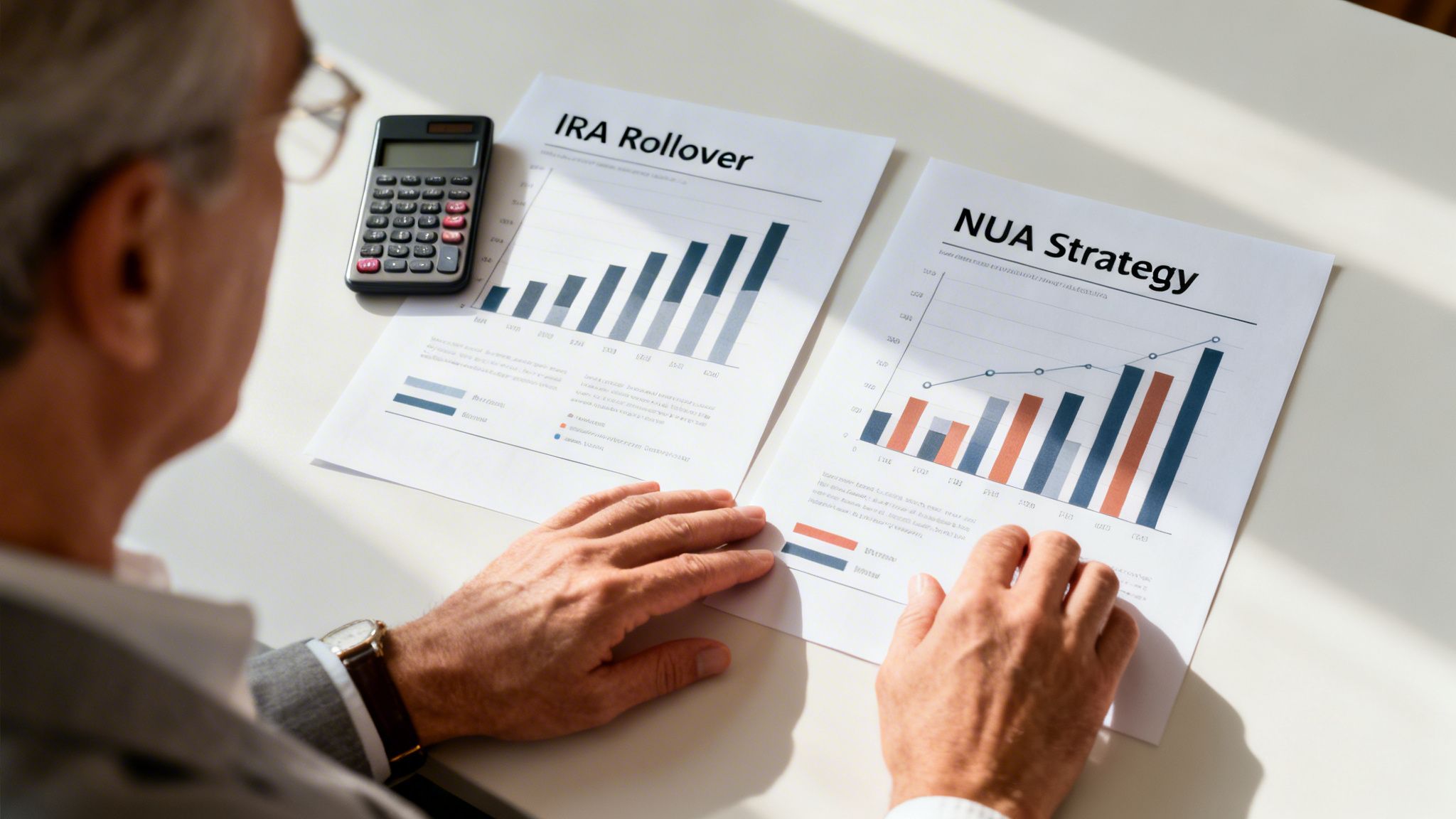 An older man reviews financial documents, including charts on 'IRA Rollover' and 'NUA Strategy'.
