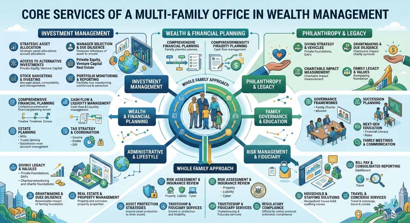An inforgaphic showing the core services offered through a multi-family office in wealth management.