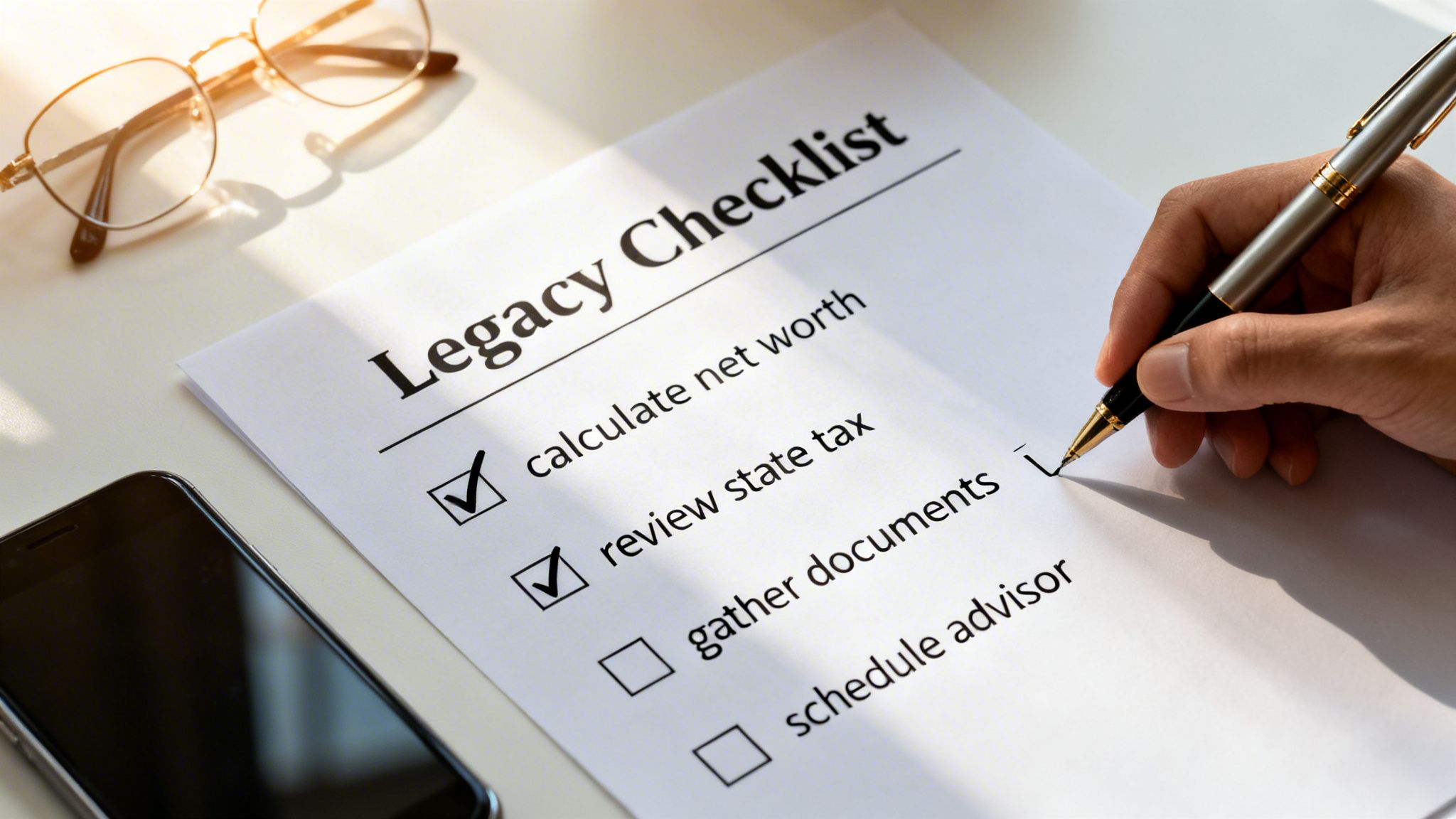 A hand uses a pen to check items on a 'Legacy Checklist' with glasses and a phone nearby.