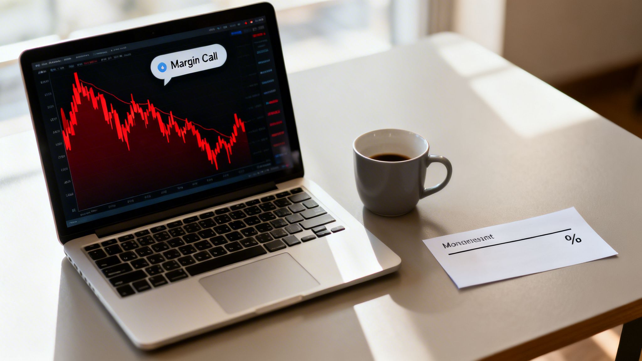 A laptop displays a red downward stock market chart and a 'Margin Call' notification next to a coffee cup.