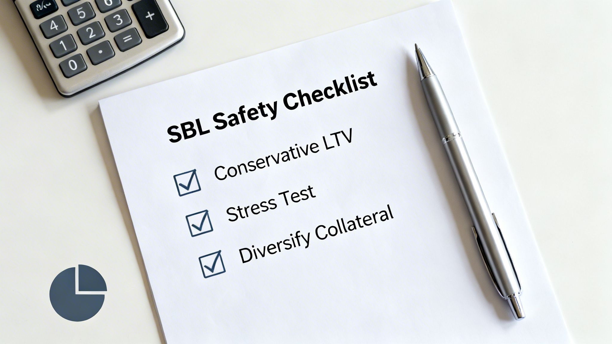 A financial SBL safety checklist with items like conservative LTV, stress test, and diversified collateral, alongside a calculator and pen.