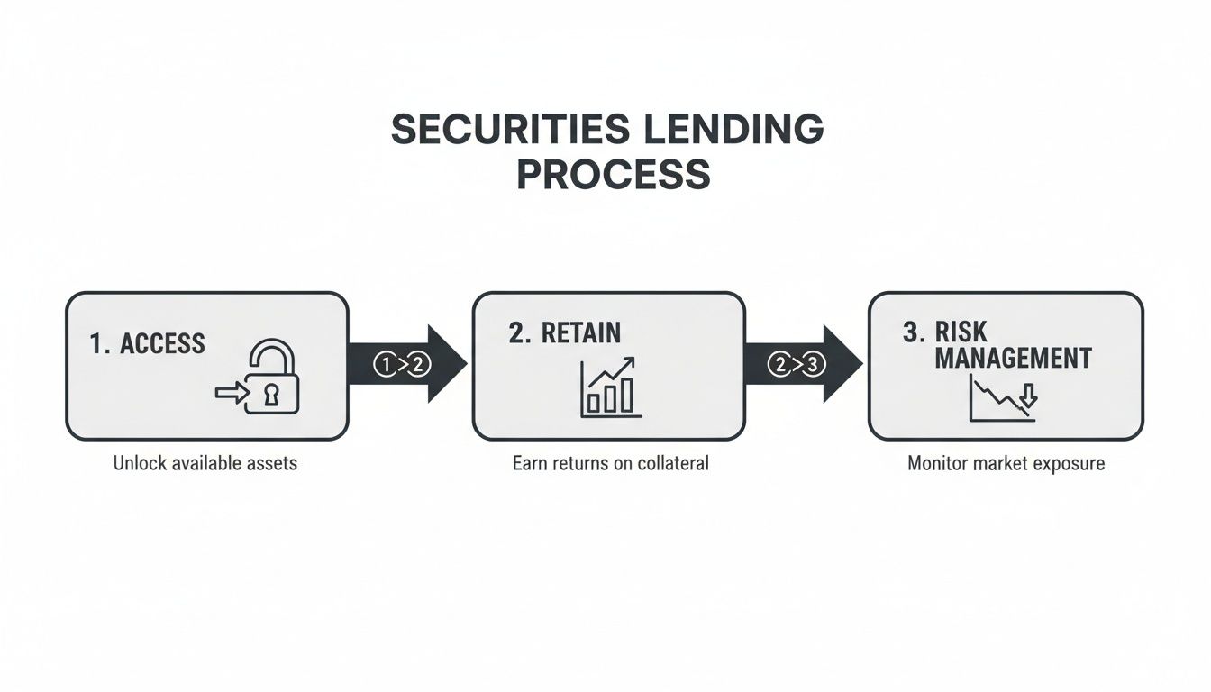 Diagram illustrating the three-step securities lending process: Access, Retain, and Risk Management.