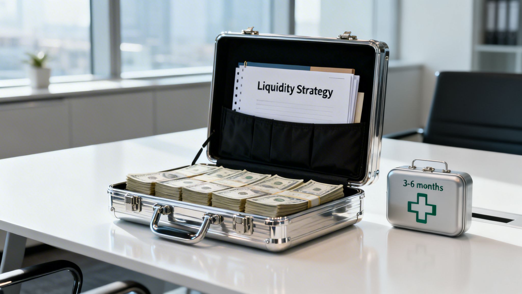 An open briefcase filled with cash and a 'Liquidity Strategy' document, next to an emergency fund tin.