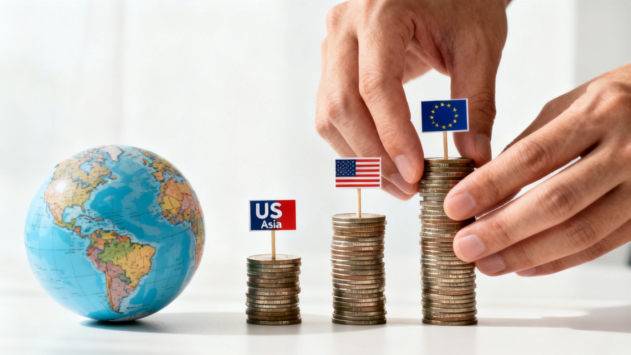 Hands adding flags for US Asia, USA, and EU to growing coin stacks, symbolizing global investments.