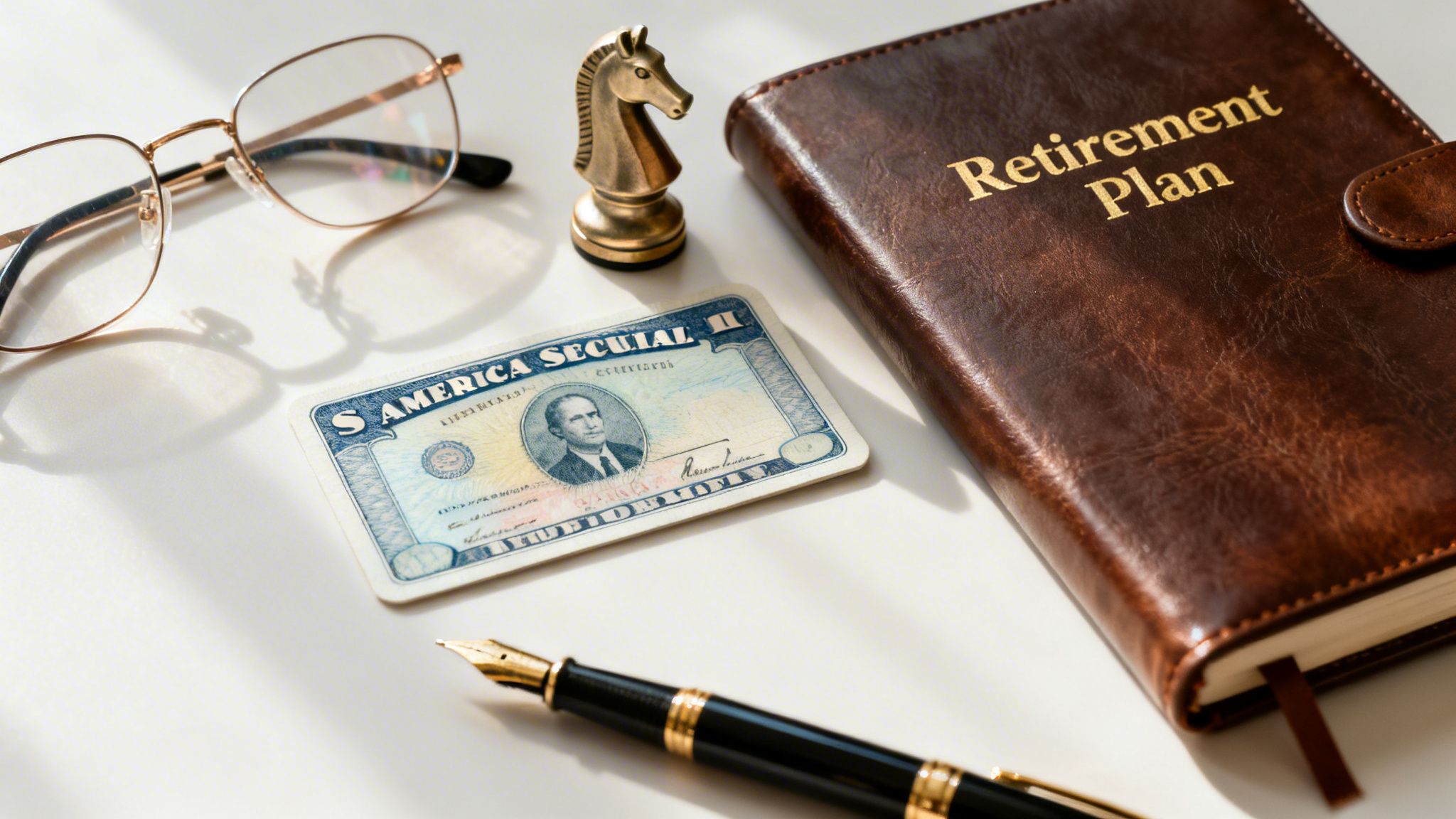 A flat lay showing a retirement plan notebook, glasses, a vintage document, a chess piece, and a pen.