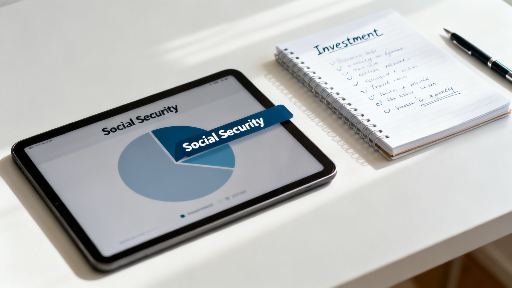 A tablet displays a "Social Security" pie chart, next to a notebook with "Investment" notes and a pen.