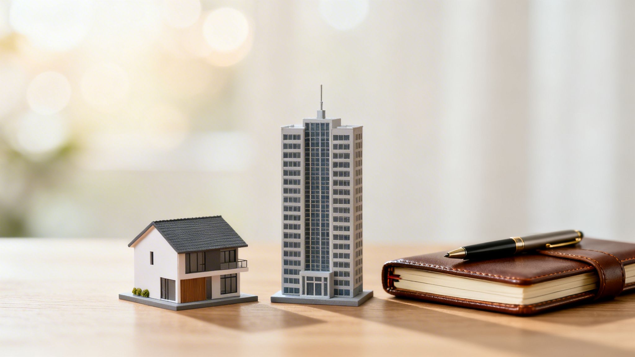 Miniature house and skyscraper models next to a brown leather notebook and pen on a wooden table.