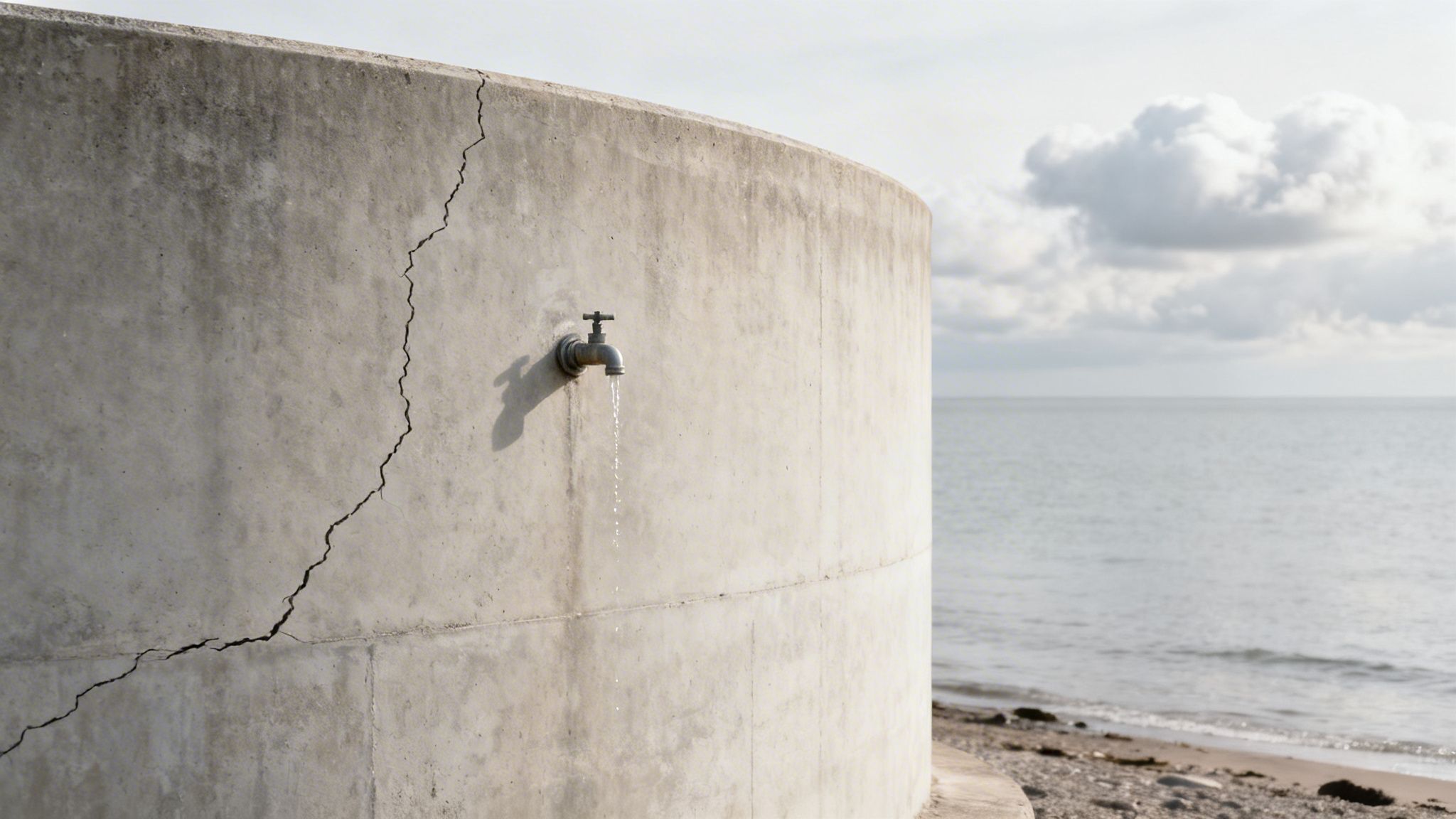 A cracked concrete wall with a leaking faucet drips water onto a sandy beach by the ocean.