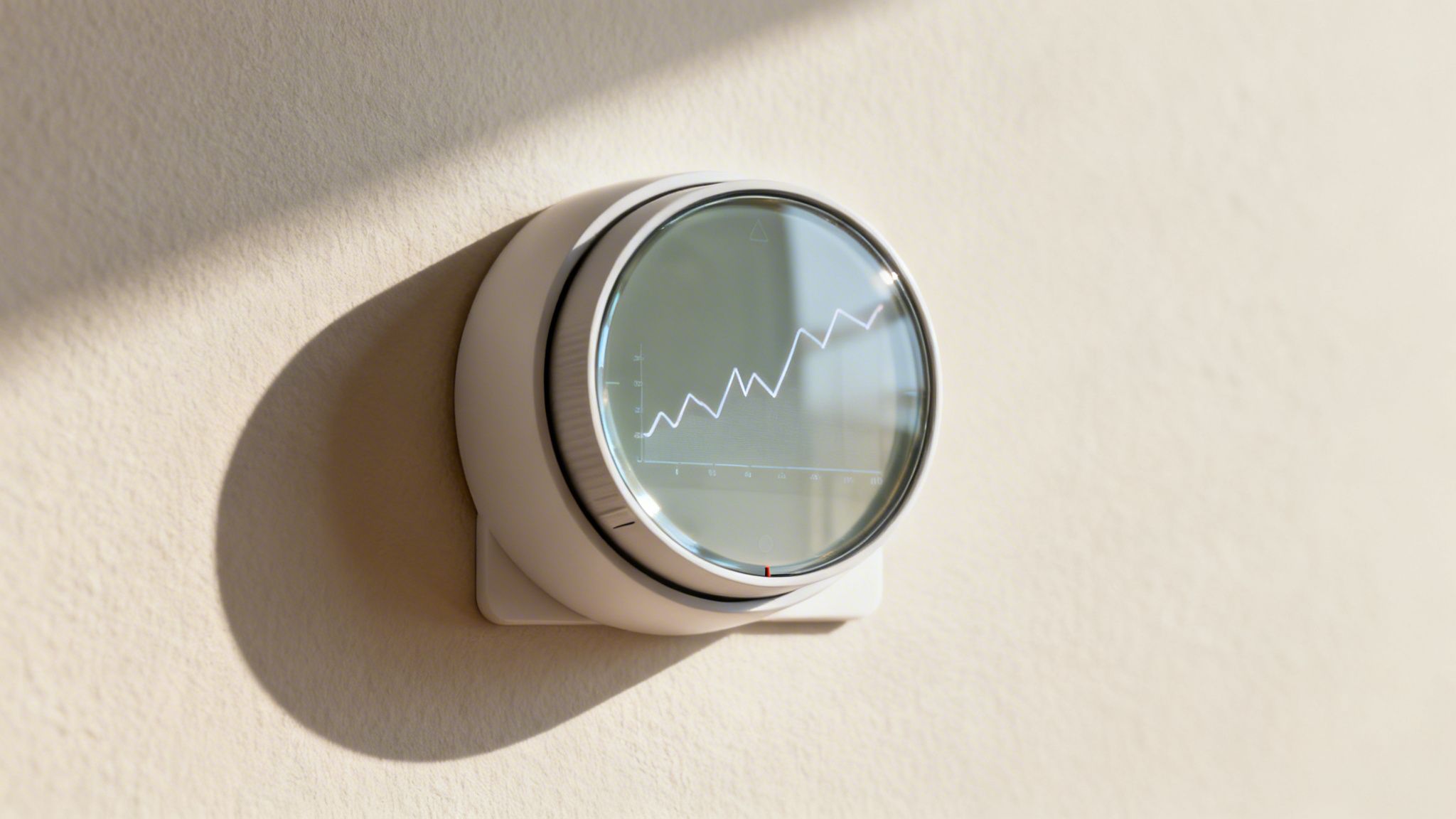Modern circular thermostat showing a fluctuating data graph on a light-colored wall.
