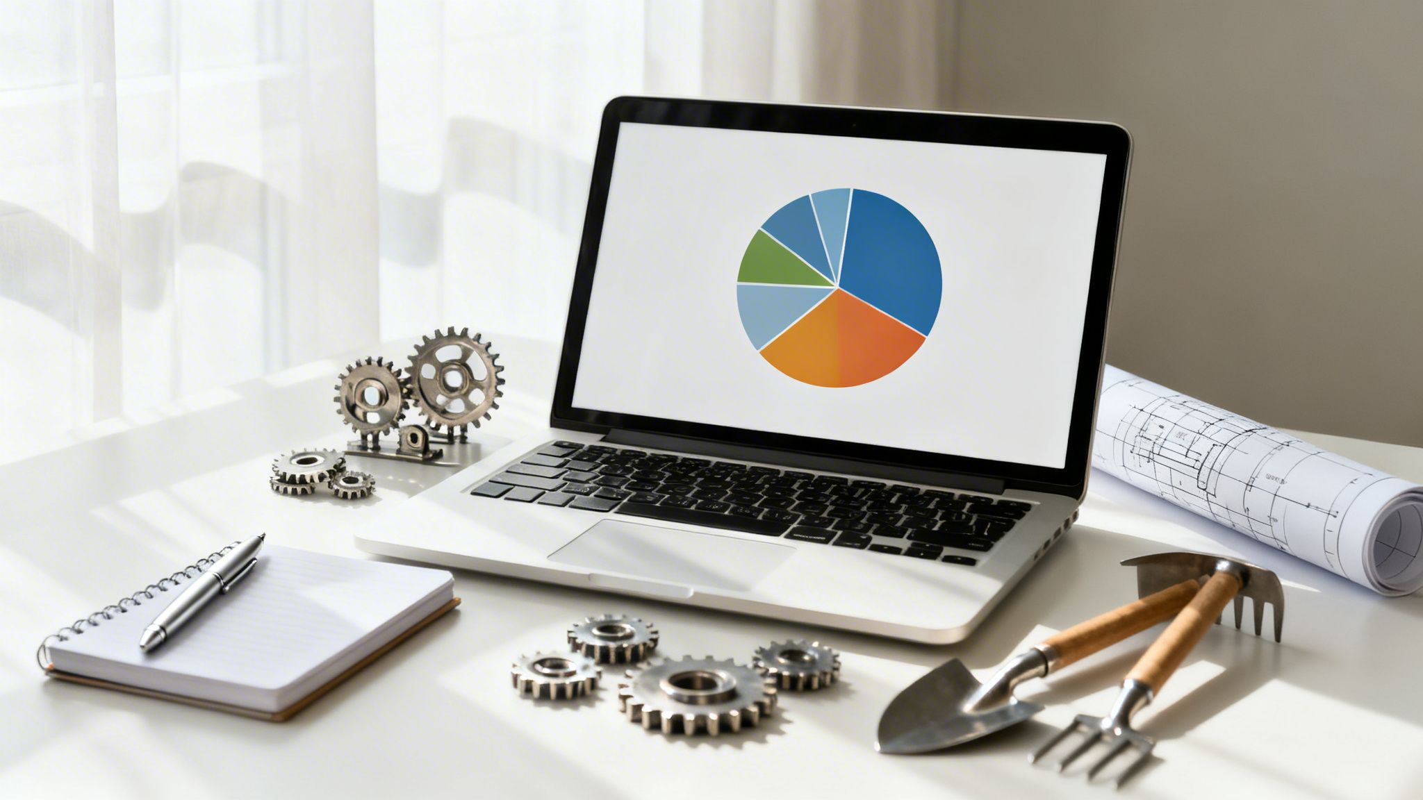 A bright workspace desk with a laptop displaying a pie chart, gears, and design tools.