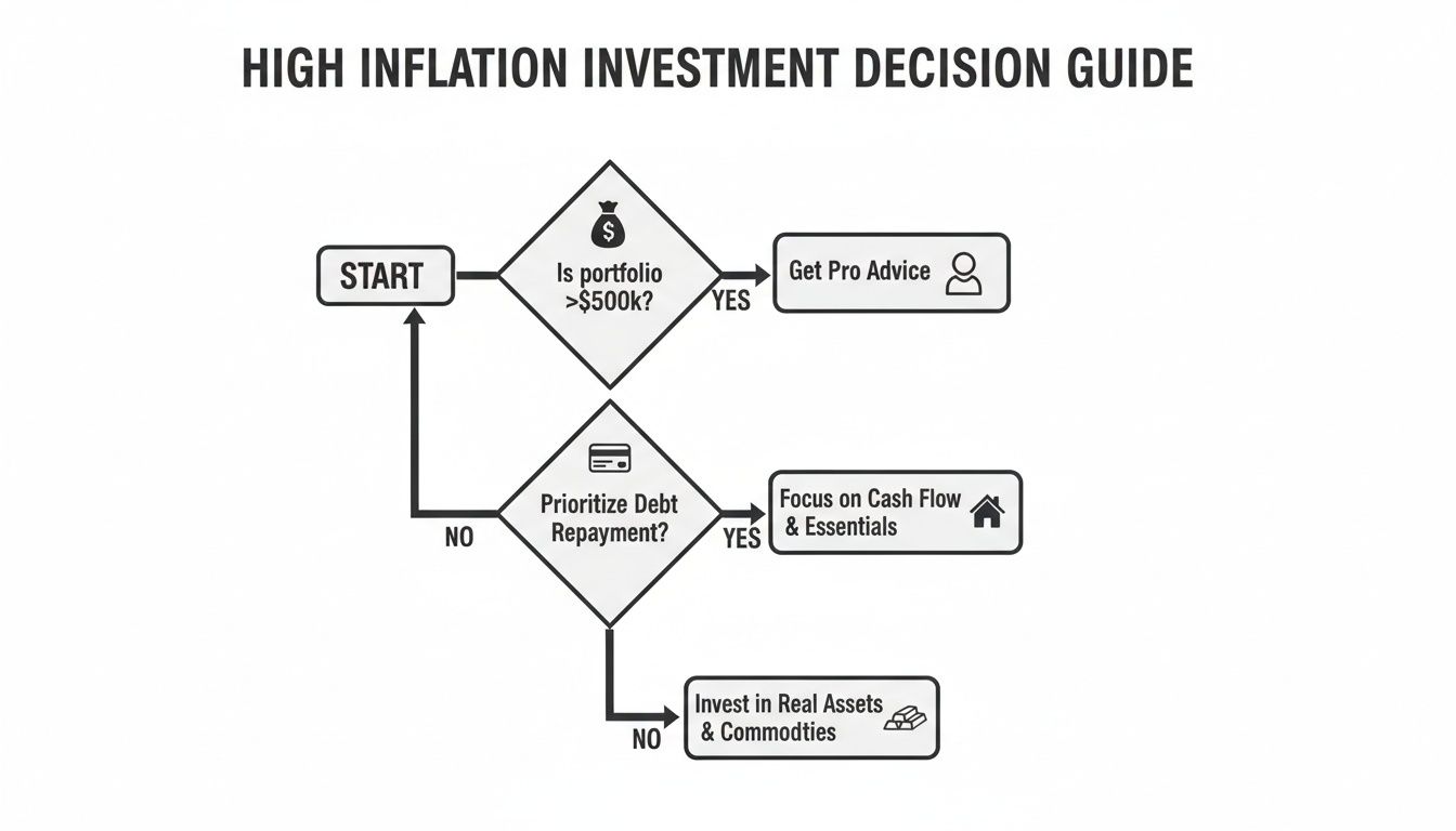 Flowchart illustrating investment decisions during high inflation, considering portfolio size, debt, and asset types.