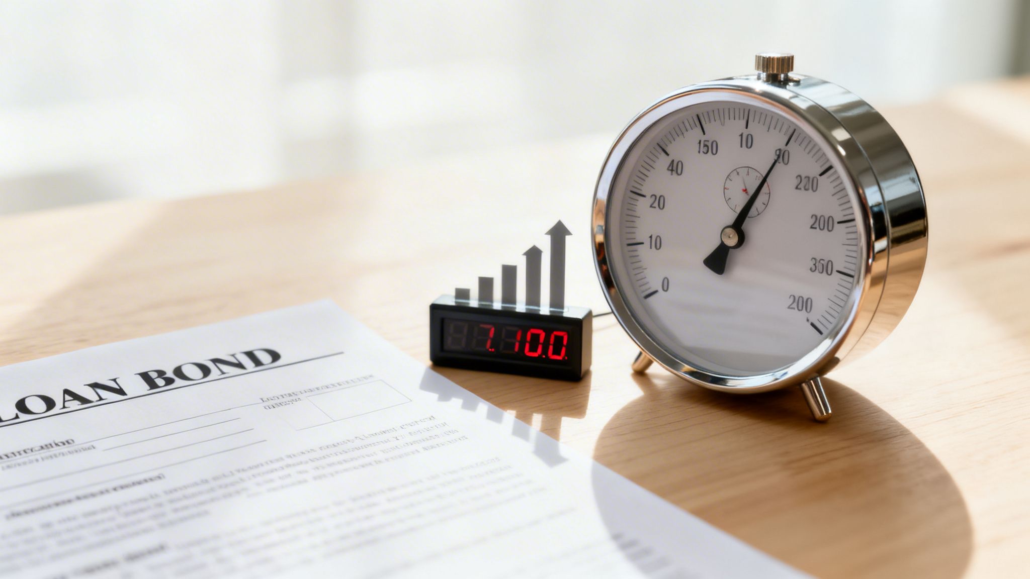A loan bond document, a digital display showing growth, and a clock on a wooden desk.