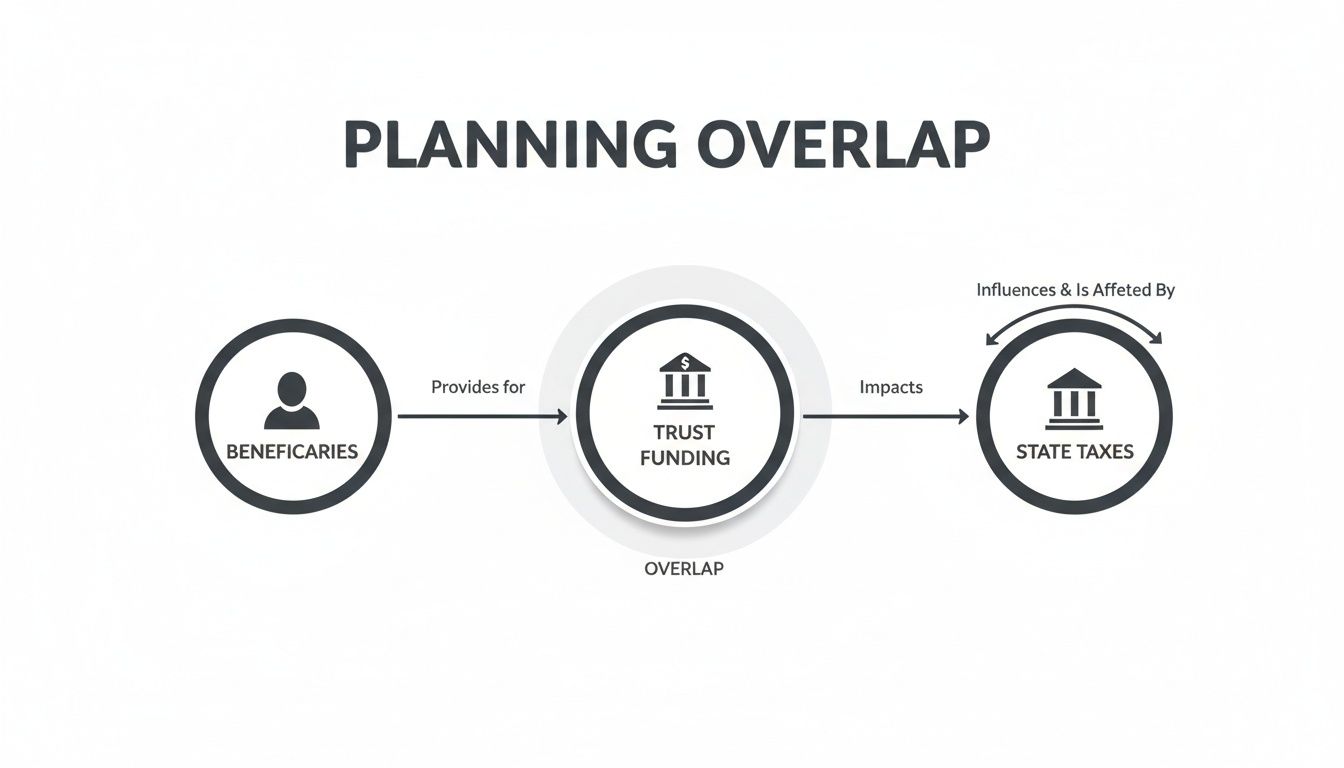 Diagram showing the planning overlap between beneficiaries, trust funding, and state taxes with impact arrows.