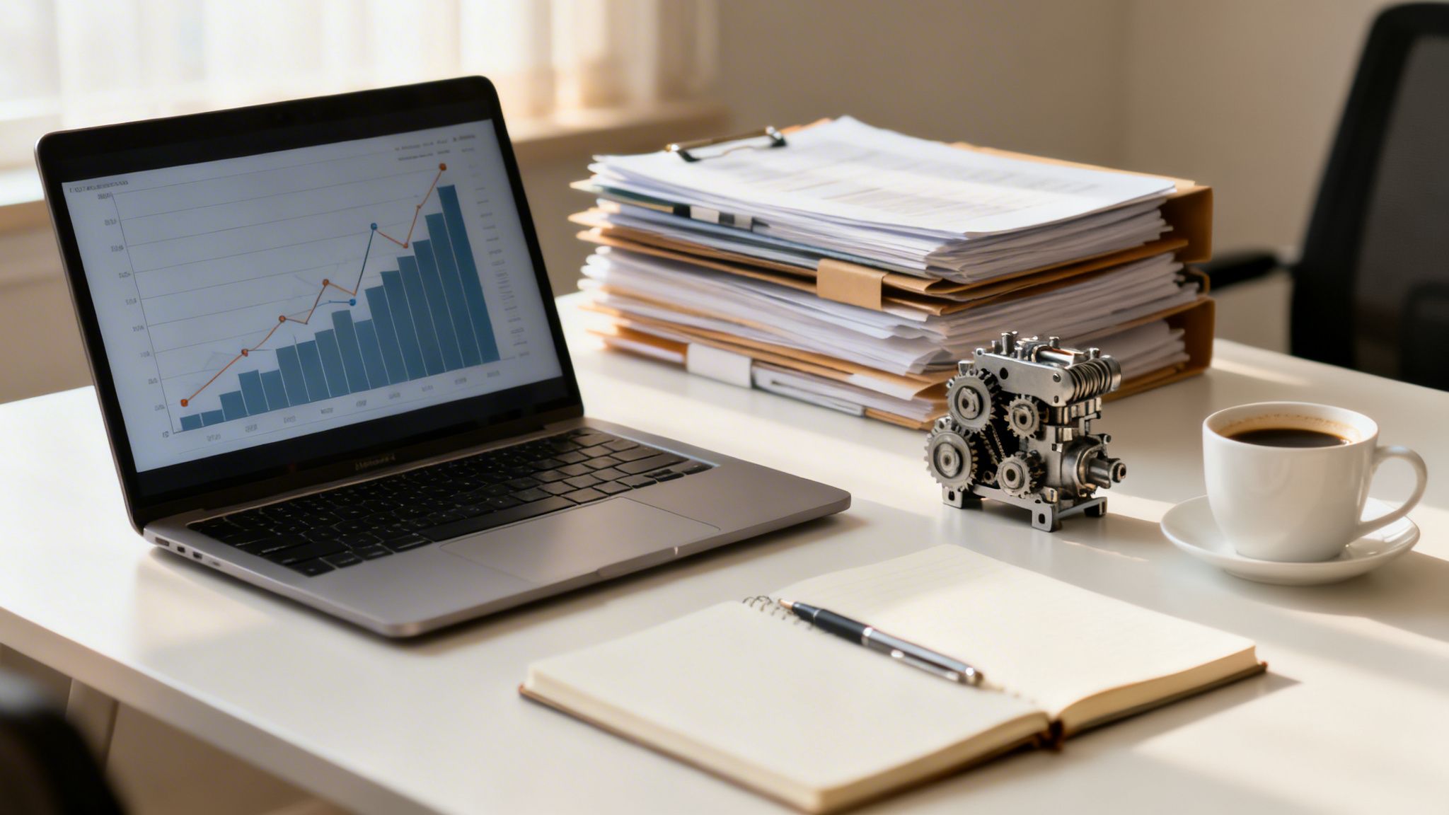 Modern office desk with laptop displaying a business graph, stacked documents, coffee, and a notebook.