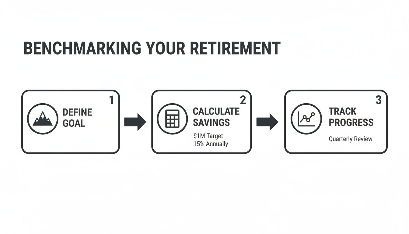 Infographic showing three steps to retirement benchmarking: Define Goal, Calculate Savings, Track Progress.