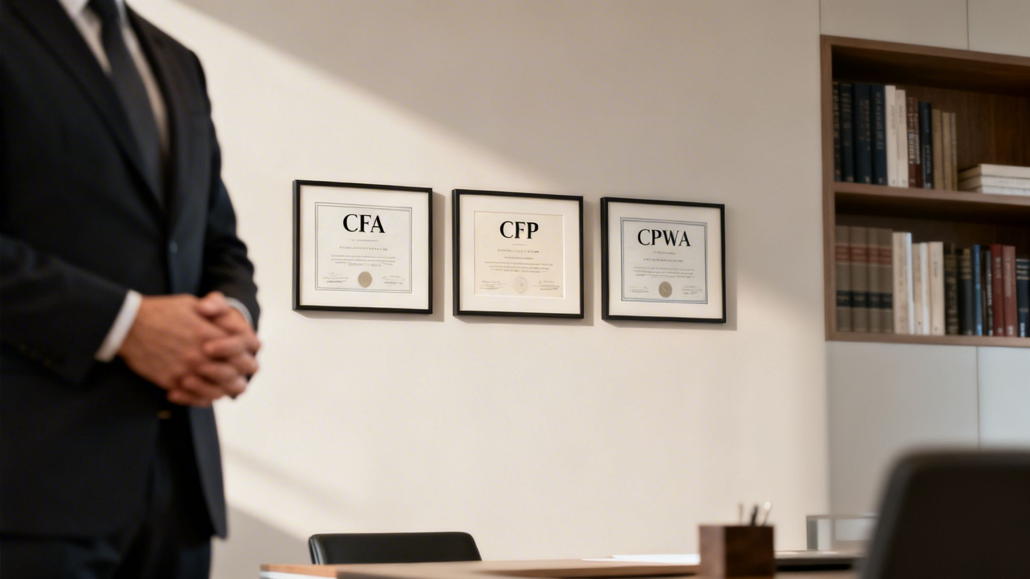A professional financial advisor stands in an office, displaying CFA, CFP, and CPWA certifications.