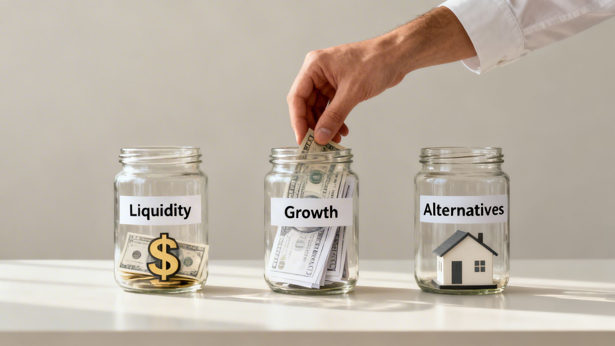 A hand invests money into jars labeled "Liquidity", "Growth", and "Alternatives" for financial planning.