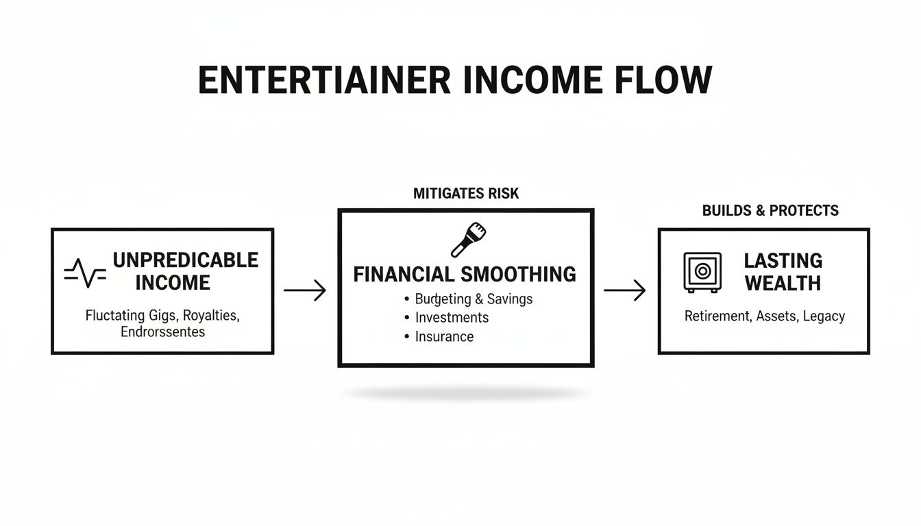 Diagram illustrating how entertainers can transform unpredictable income into lasting wealth through financial smoothing strategies.
