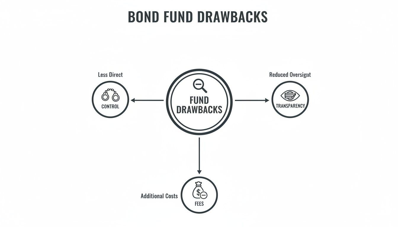 Diagram illustrating bond fund drawbacks: less direct control, reduced oversight, and additional fees.