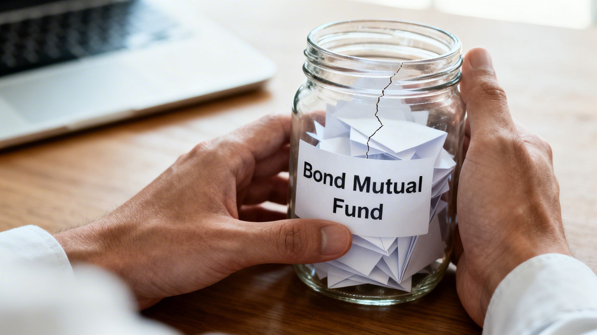 A person holds a cracked glass jar labeled 'Bond Mutual Fund' filled with papers.