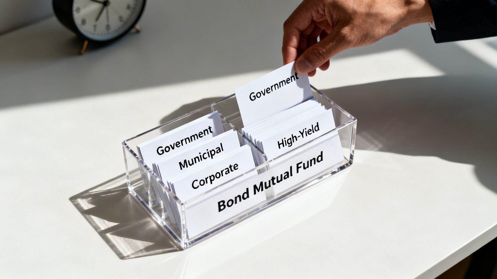 A hand selects a "Government" card from a "Bond Mutual Fund" organizer with various bond types.