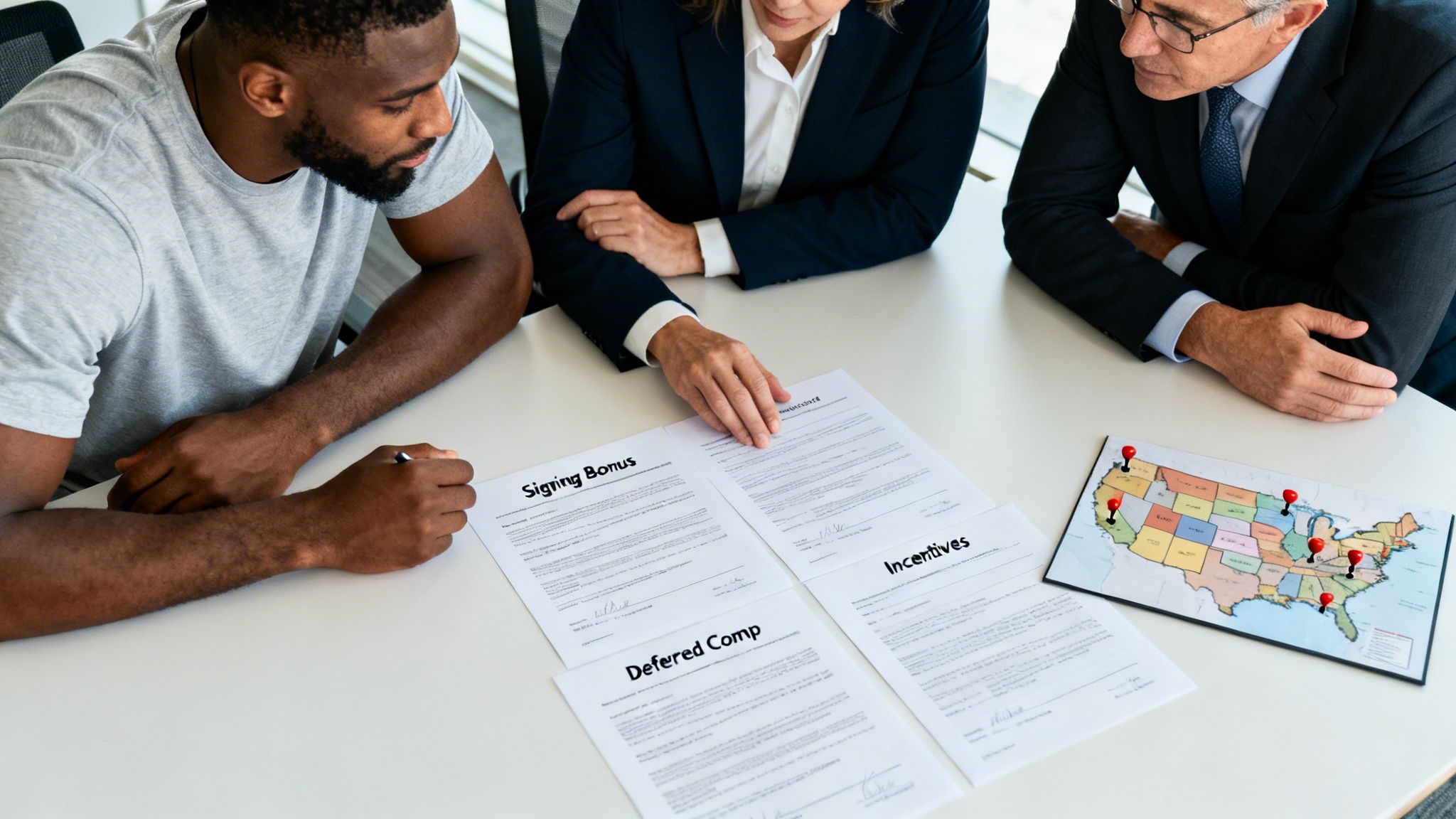 Three professionals, including a young man, review financial compensation documents and a US map during a meeting.