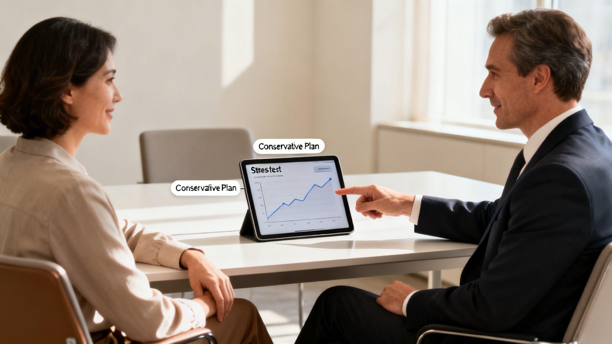 A man points to a 'Stresstest' graph on a tablet during a financial discussion with a woman.