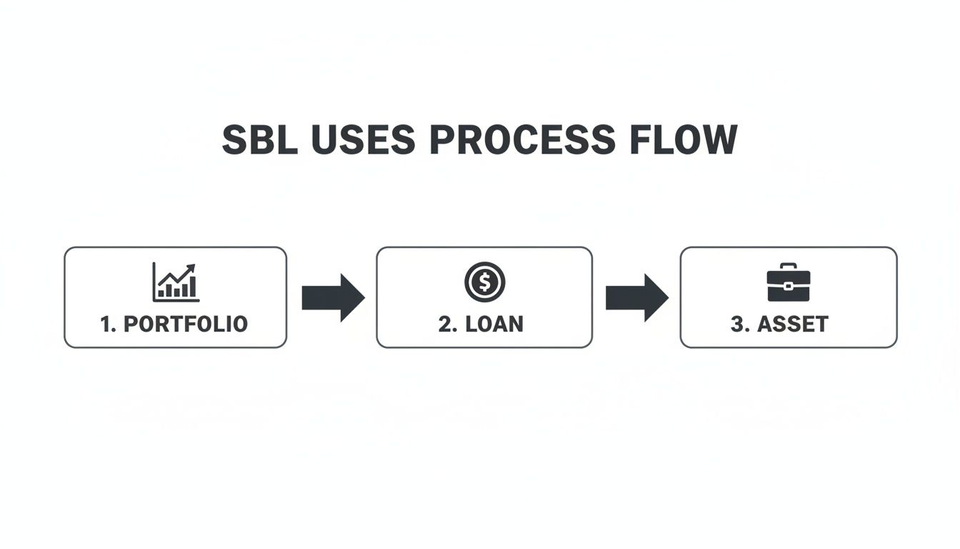 A process flow diagram illustrating SBL's three steps: Portfolio, Loan, and Asset.