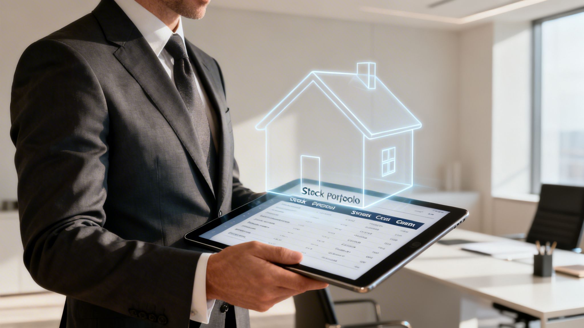 A businessman in a suit holds a tablet displaying a holographic house and stock portfolio data.