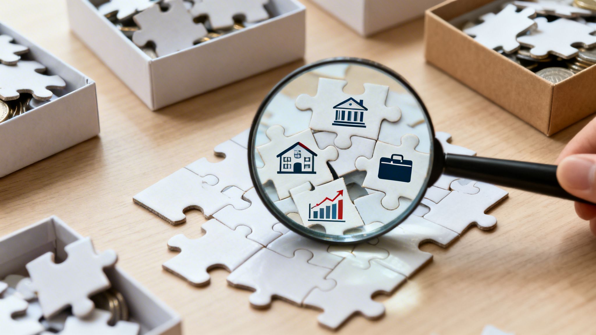 A magnifying glass examines puzzle pieces featuring icons for house, bank, briefcase, and growth chart.