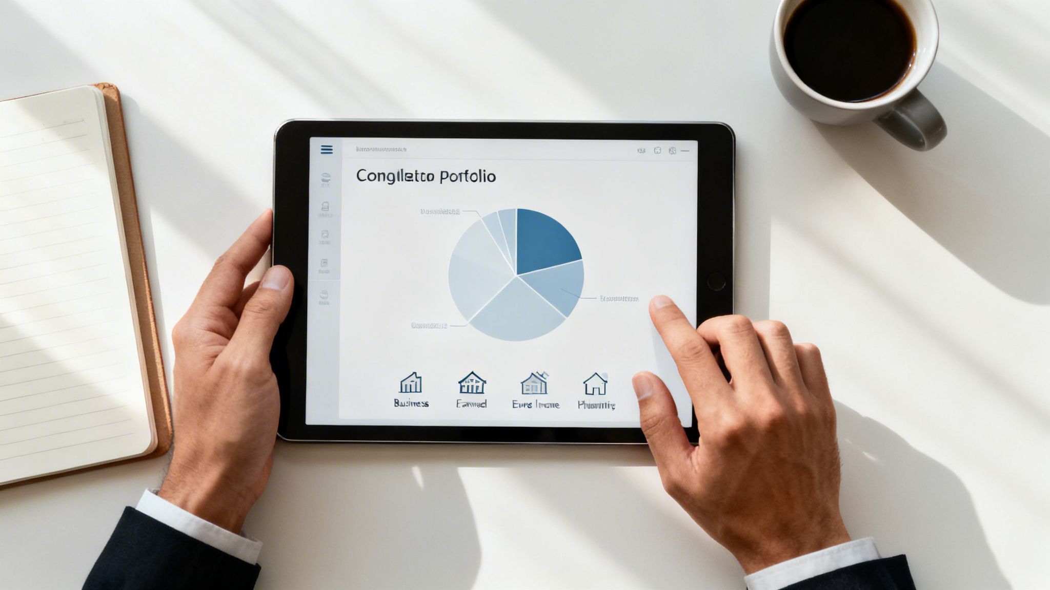 Top-down view of a professional analyzing a financial portfolio on a tablet device.