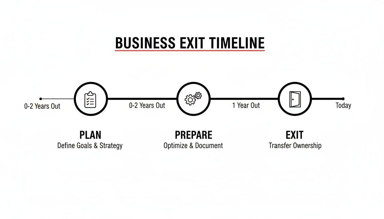 A business exit timeline flowchart detailing three stages: Plan, Prepare, and Exit, with timeframes.