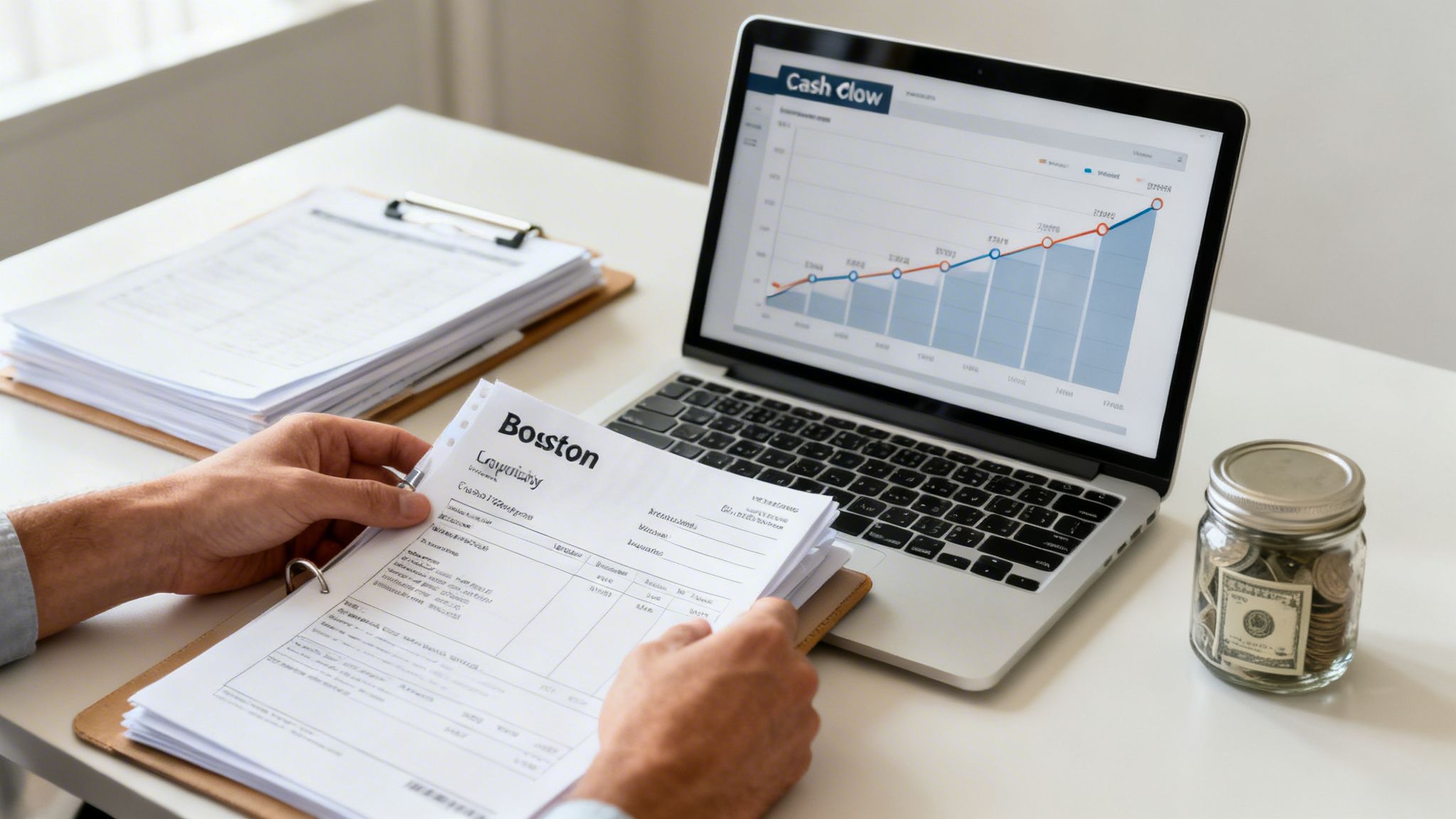A person reviews financial documents next to a laptop displaying a cash flow chart and a jar of money.