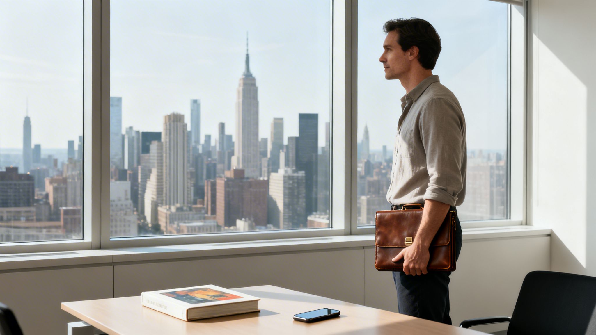 A man in an office looks out a window at the New York City skyline, holding a briefcase.