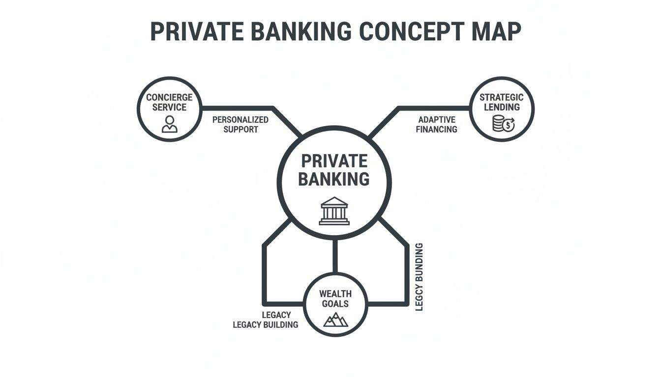 A private banking concept map illustrating key services like concierge, strategic lending, and wealth goals.