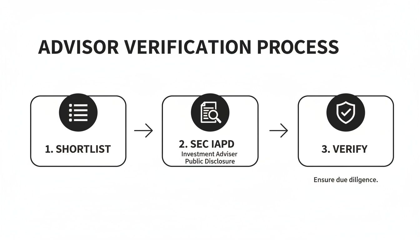 A three-step advisor verification process flowchart with steps: Shortlist, SEC IAPD, and Verify.