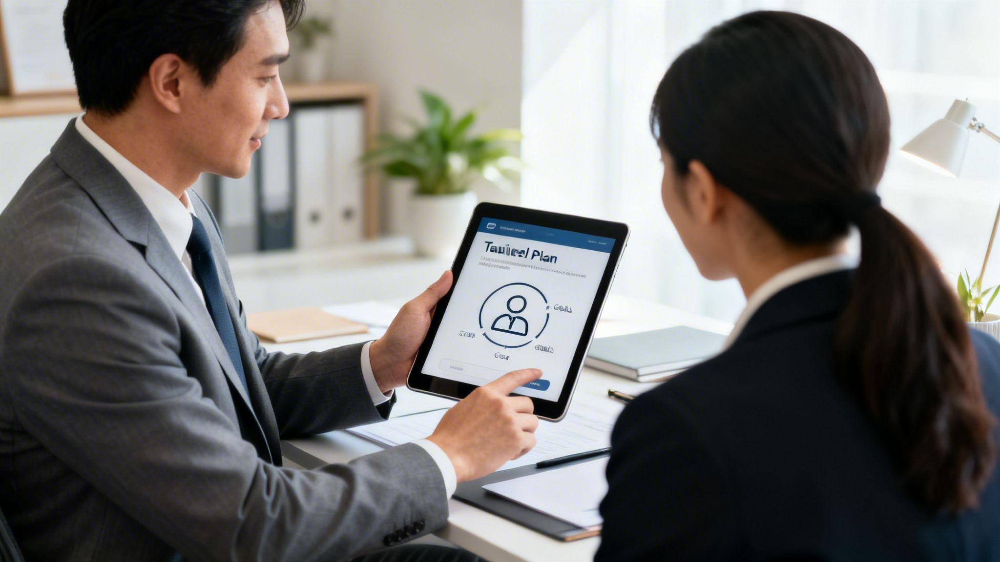 A man in a suit shows a 'Tactical Plan' on a tablet to a woman, discussing strategy.