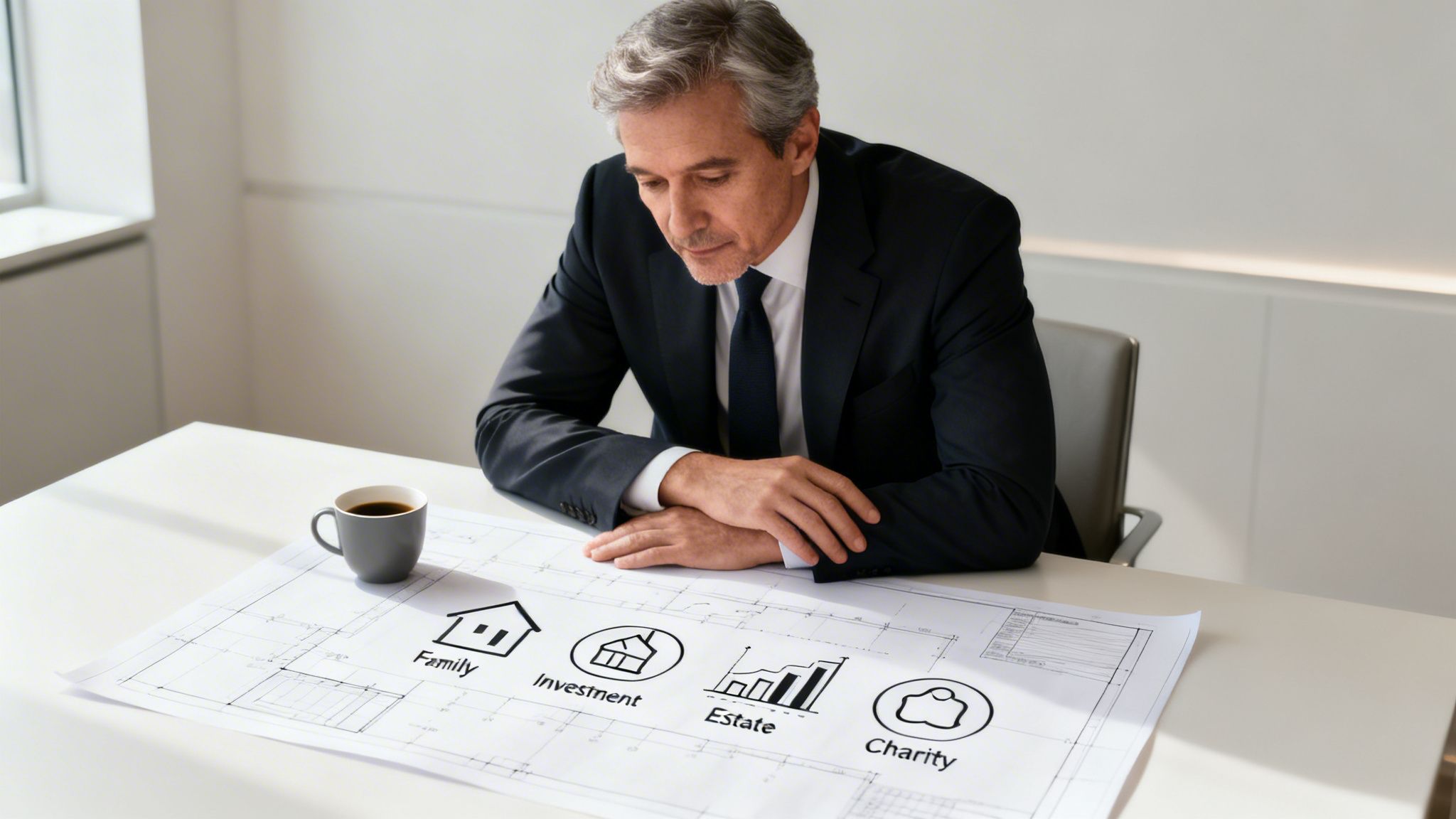 A businessman reviewing a detailed financial wealth plan document with family, investment, estate, and charity icons.