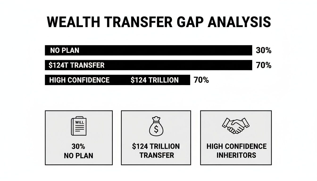 A wealth transfer gap analysis chart showing 30% no plan and 70% transfer of $124 trillion.