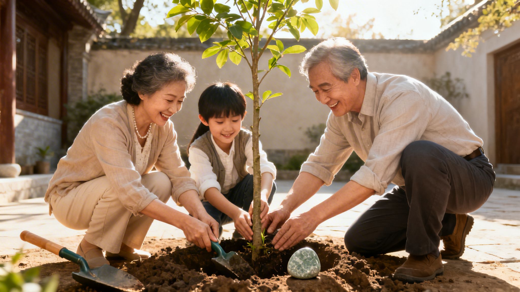 Smiling grandparents and grandchild happily planting a young tree together in a sunlit courtyard.