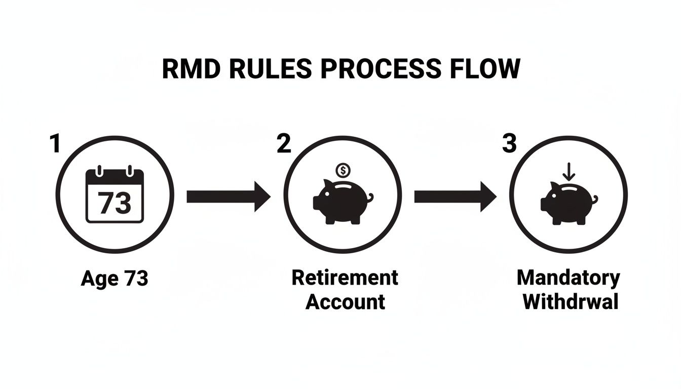 Flowchart detailing RMD rules: at age 73, funds in a retirement account lead to mandatory withdrawals.