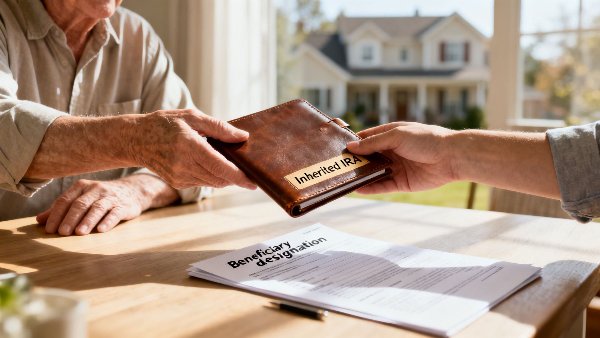 An older person hands a brown booklet labeled "Inherited IRA" to a younger person, with beneficiary designation forms on the table.