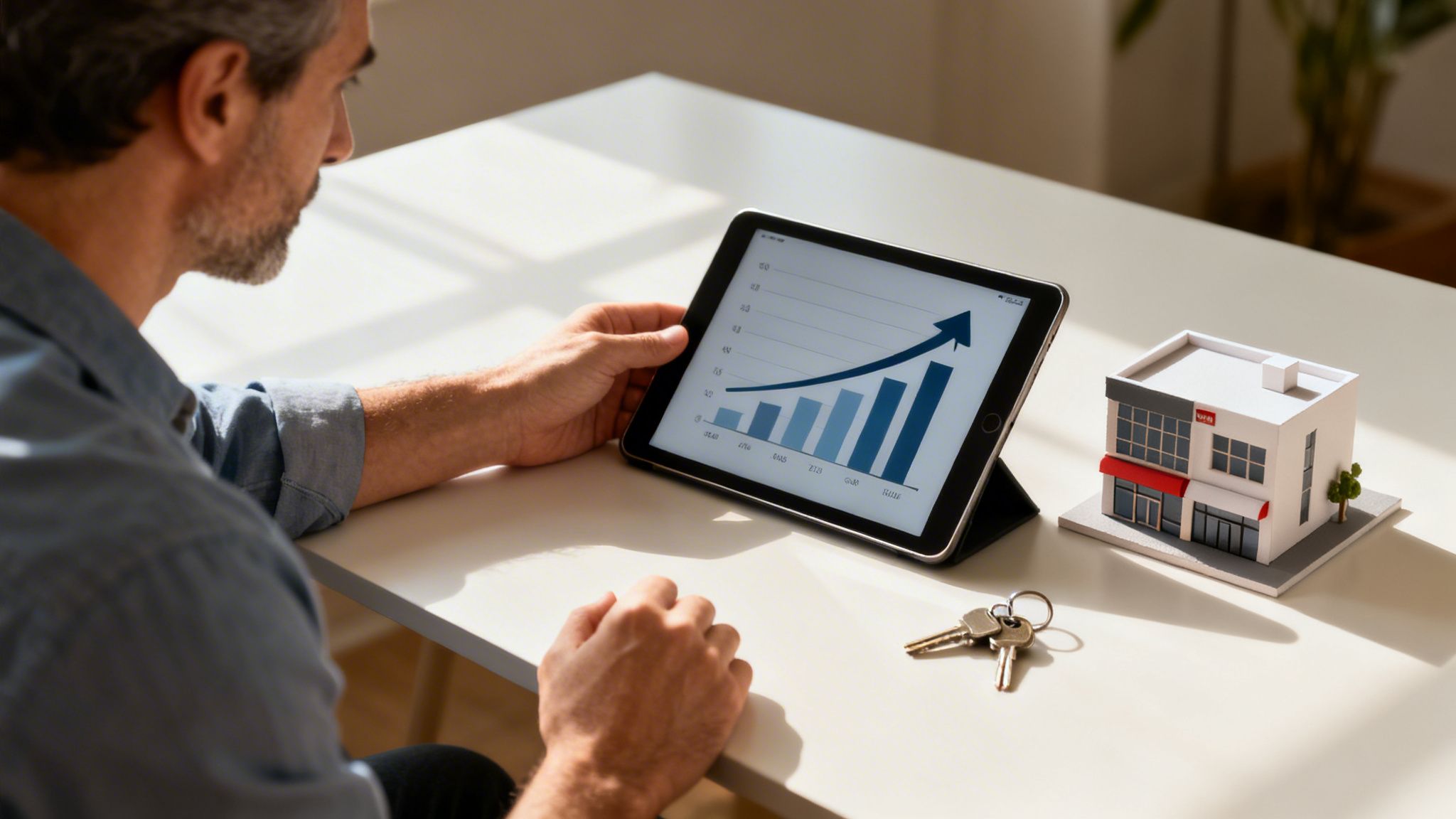 Man reviews real estate investment growth on a tablet, with a building model and keys.