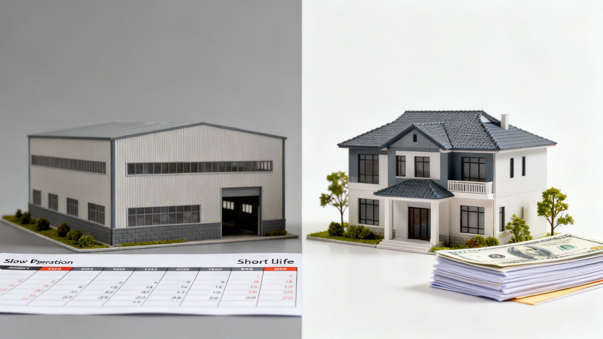 A warehouse model and calendar showing 'Slow Duration' contrasted with a house model and money showing 'Short Life'.