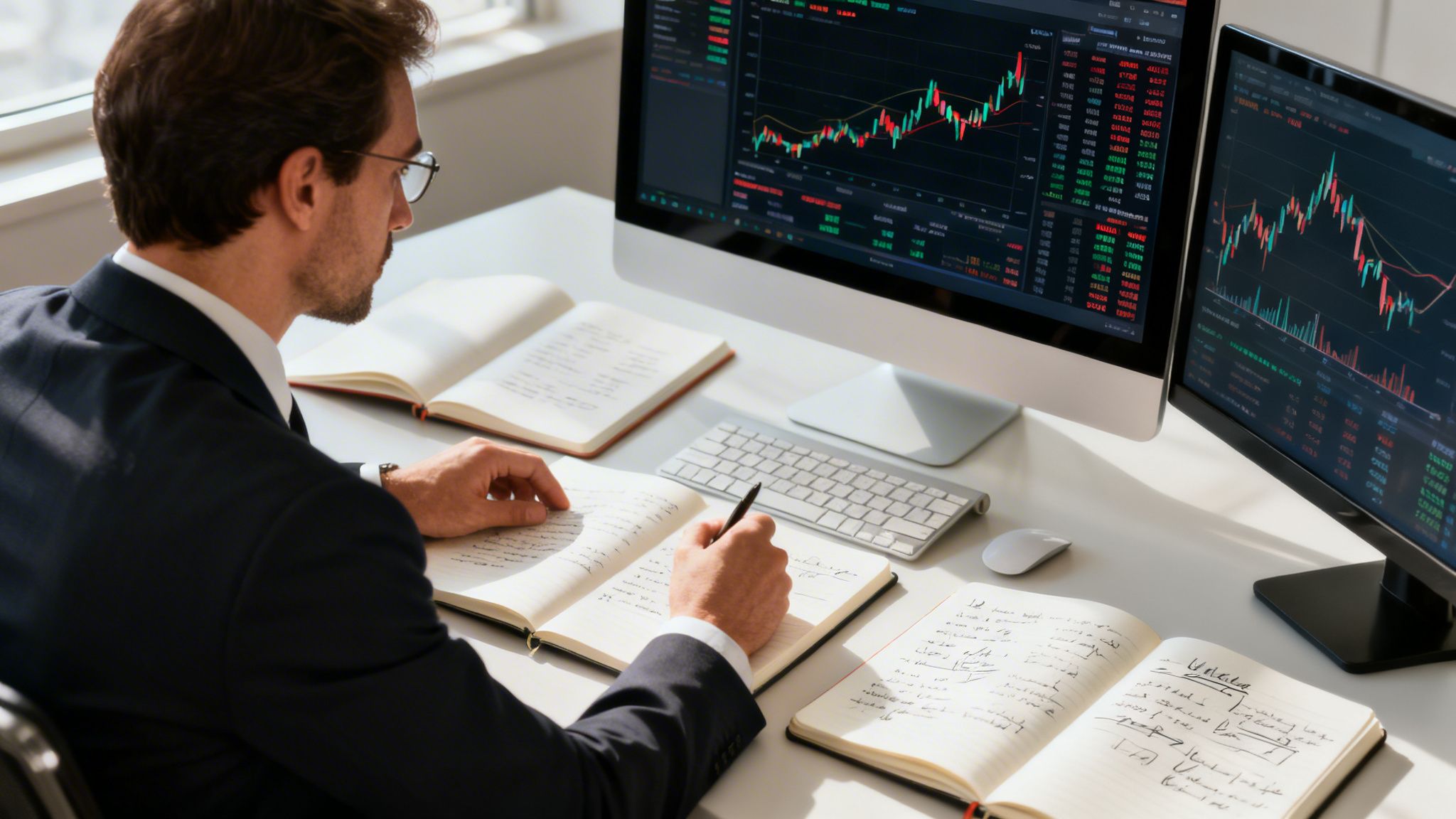 A professional financial analyst reviewing stock market trends on computer screens while taking detailed notes in notebooks.