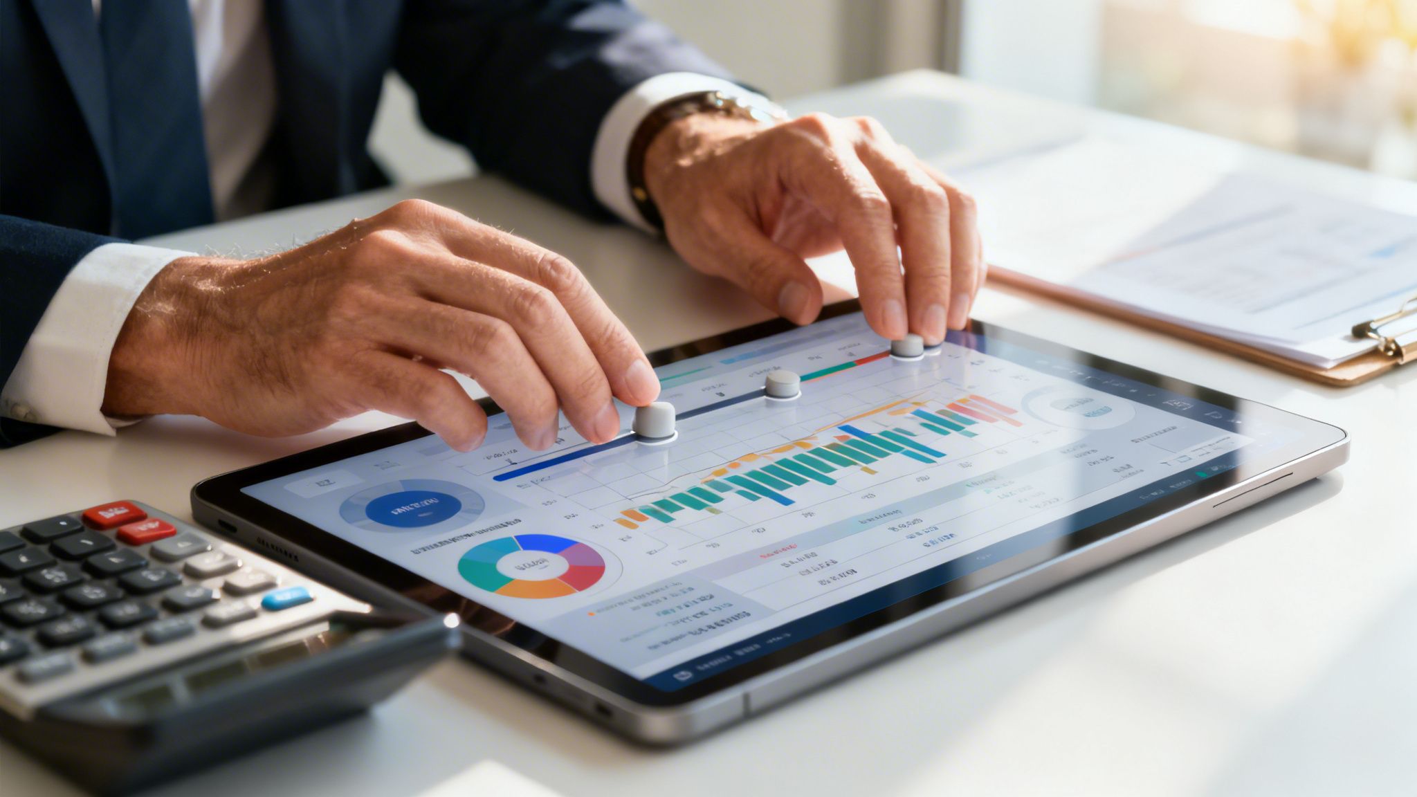 A professional in a business suit analyzes stock portfolio data on a tablet with interactive digital charts.